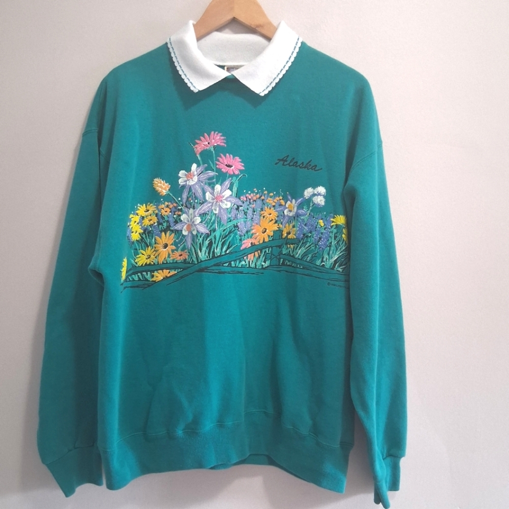 Vintage 1990 Lifestyles Collared Sweatshirt Alaska 3D Puff Allover Floral XL